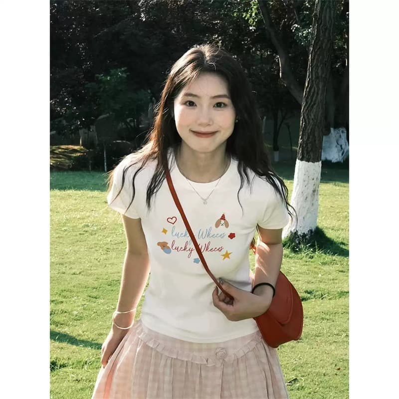 2026 한국 대외 무역 새로운 순면 220 그램 92 면 8 암모니아 Lun 긍정적 인 어깨 반팔 티셔츠 여성 프린트 이미지 5