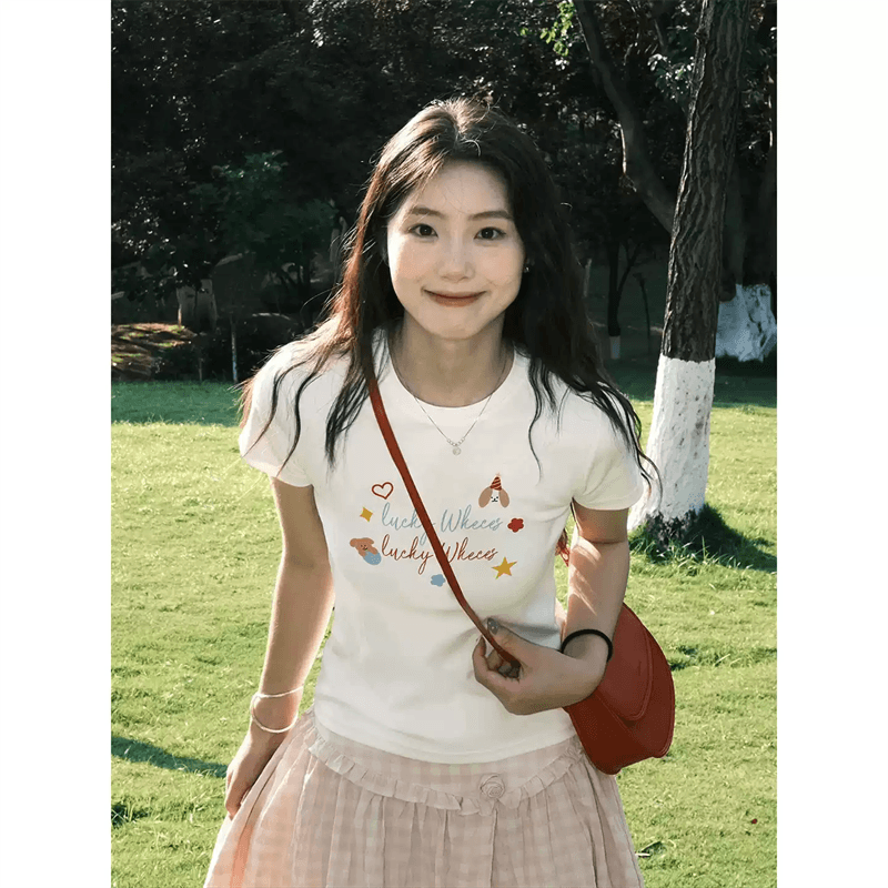 2026 한국 대외 무역 새로운 순면 220 그램 92 면 8 암모니아 Lun 긍정적 인 어깨 반팔 티셔츠 여성 프린트 상세 이미지 2