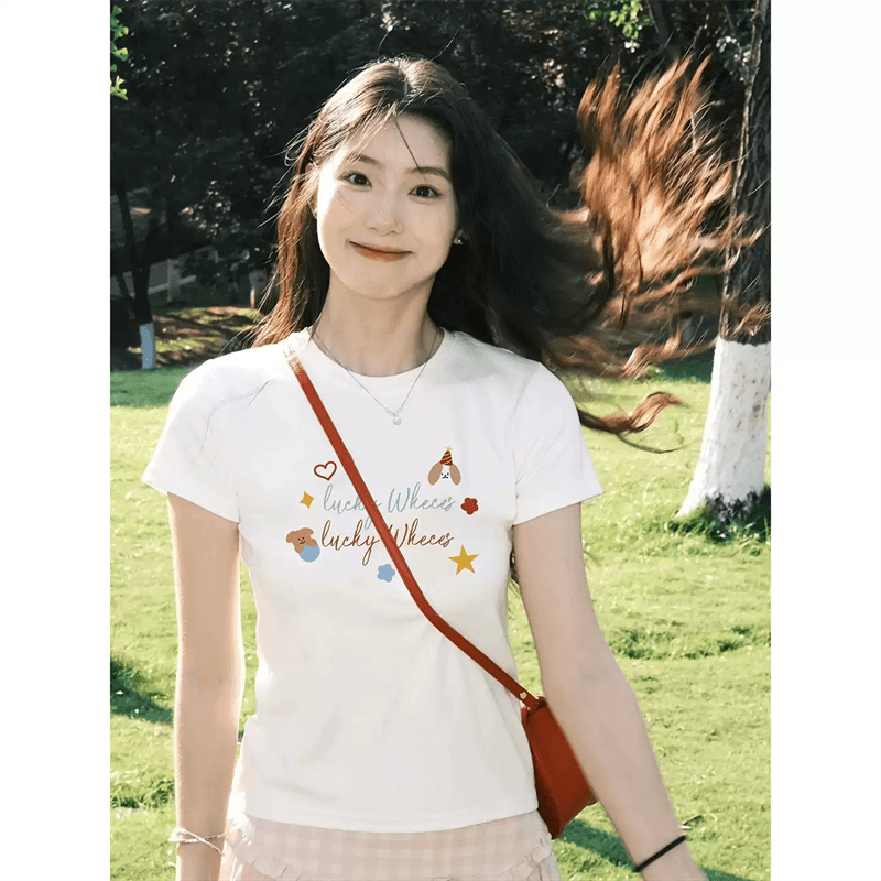 2026 한국 대외 무역 새로운 순면 220 그램 92 면 8 암모니아 Lun 긍정적 인 어깨 반팔 티셔츠 여성 프린트 상세 이미지 3