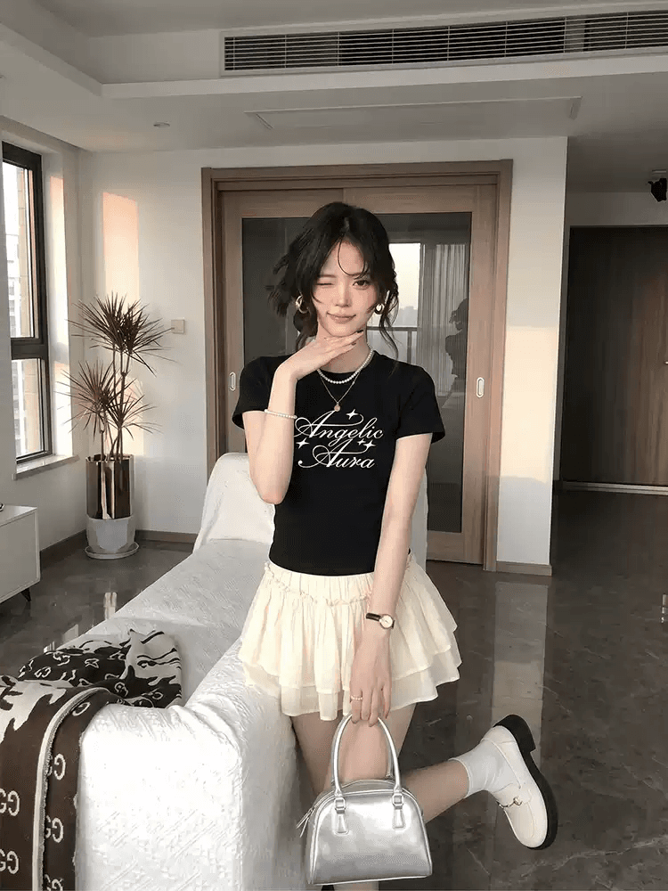 경관 그림 정가 40 순면 220 그램 92 면 8 암모니아 Lun 긍정적 인 어깨 반팔 티셔츠 여성 프린트 이미지 4