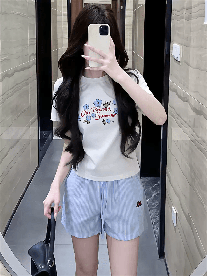 경관 그림 정가 40 순면 220 그램 92 면 8 암모니아 Lun 긍정적 인 어깨 반팔 티셔츠 여성 프린트 이미지 4