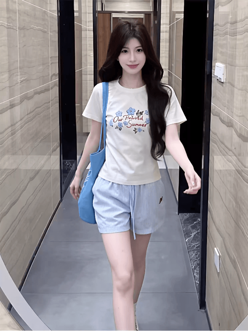 경관 그림 정가 40 순면 220 그램 92 면 8 암모니아 Lun 긍정적 인 어깨 반팔 티셔츠 여성 프린트 이미지 2