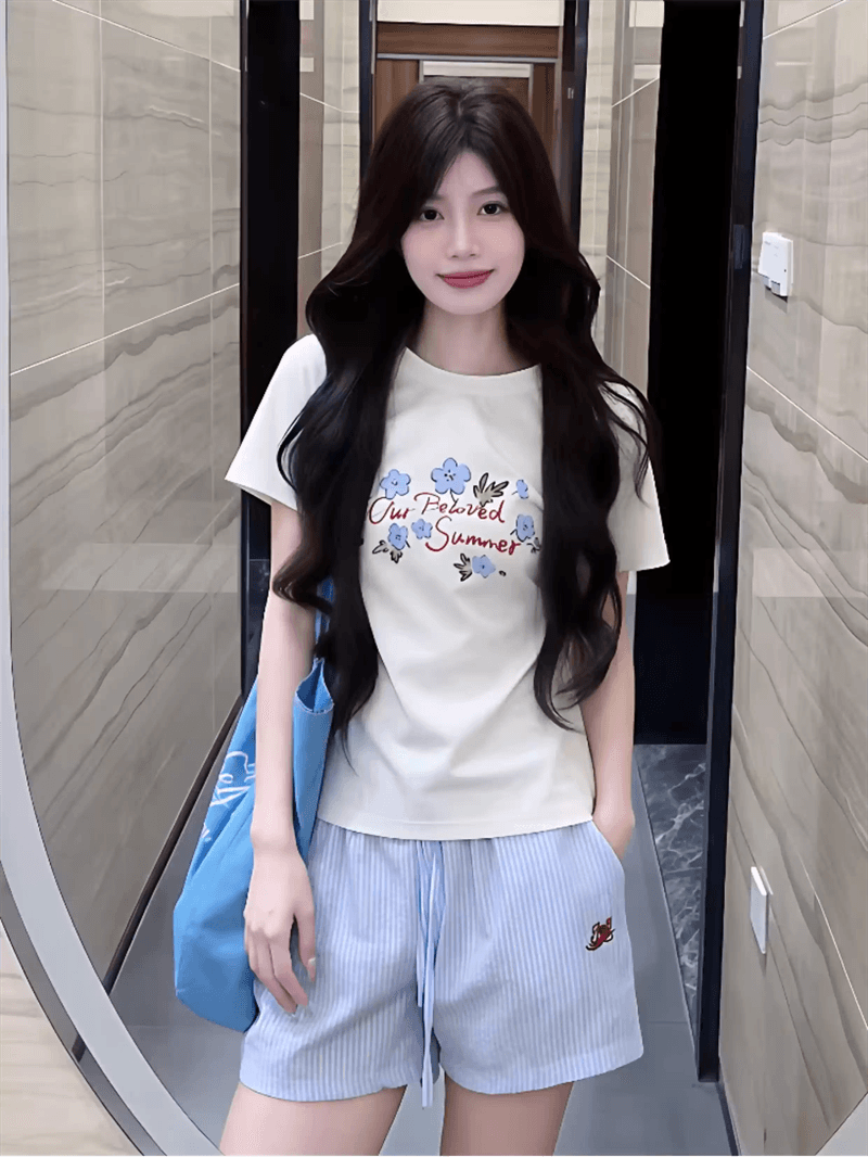 경관 그림 정가 40 순면 220 그램 92 면 8 암모니아 Lun 긍정적 인 어깨 반팔 티셔츠 여성 프린트 상세 이미지 4
