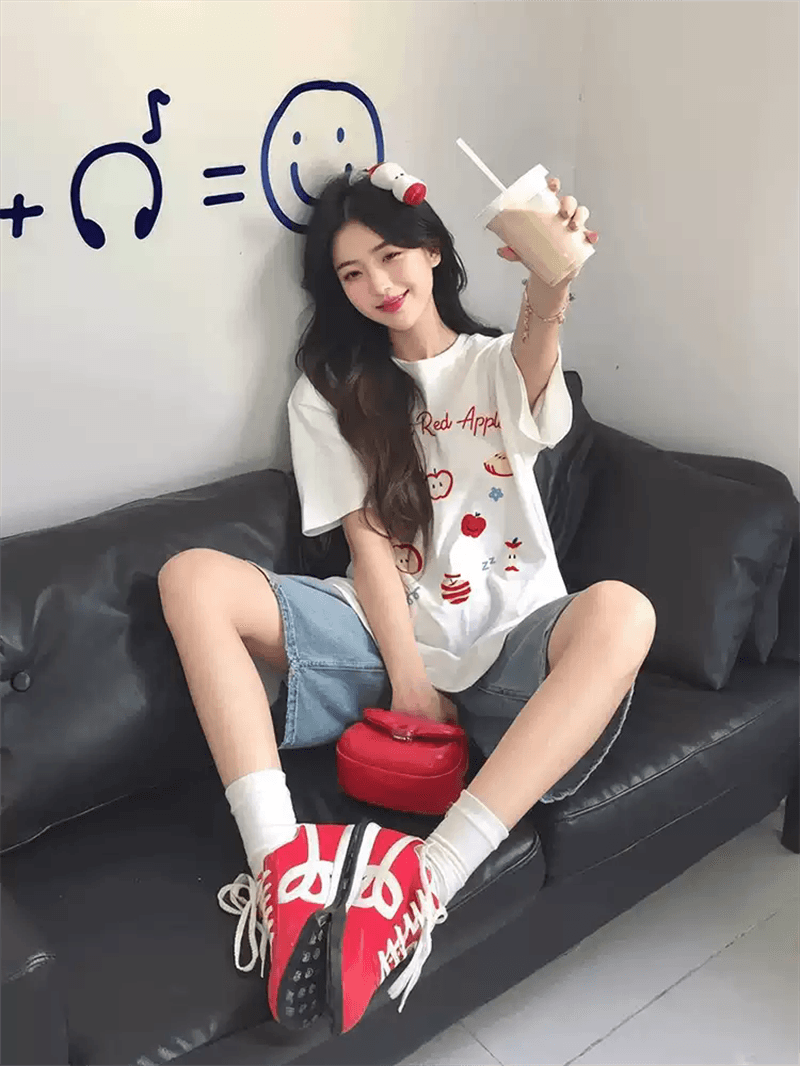 2026 한국 대외 무역 새로운 이후 패키지 칼라 여름 드레스 한 부서 반팔 티셔츠 여성 한국 스타일 루즈핏 빅 사이즈 프린트