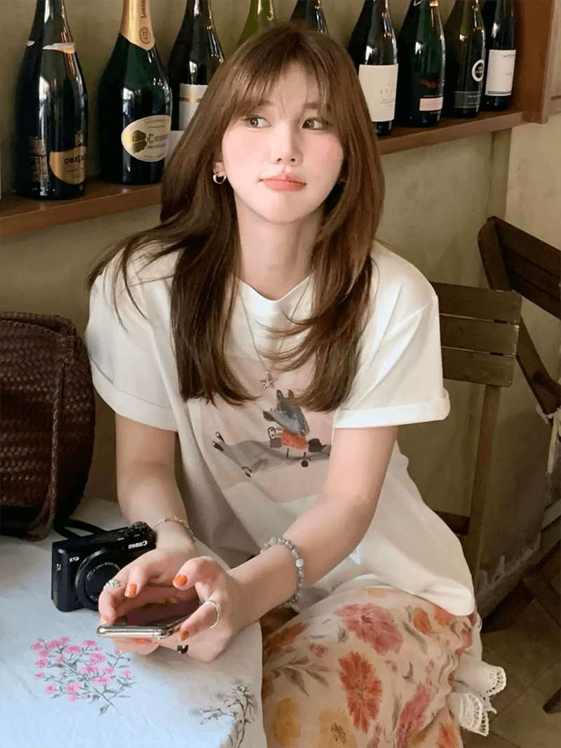 경관 그림 21 순면 210 그램 이후 패키지 칼라 여름 드레스 한 부서 반팔 티셔츠 여성 한국 스타일 루즈핏 빅 사이즈 프린트 상세 이미지 3