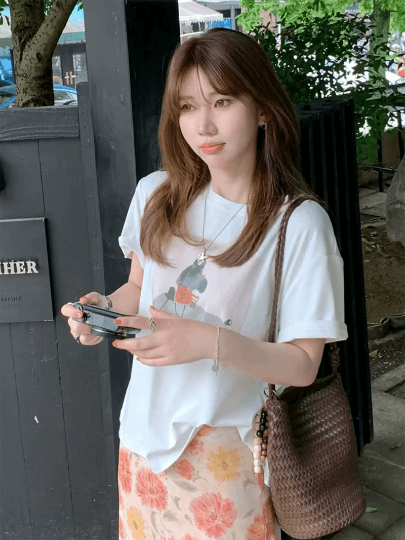 경관 그림 21 순면 210 그램 이후 패키지 칼라 여름 드레스 한 부서 반팔 티셔츠 여성 한국 스타일 루즈핏 빅 사이즈 프린트 상세 이미지 4