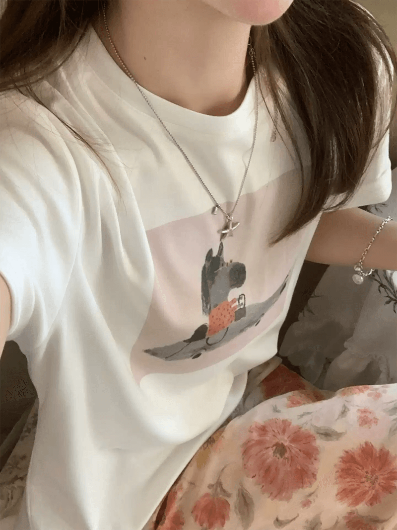 경관 그림 21 순면 210 그램 이후 패키지 칼라 여름 드레스 한 부서 반팔 티셔츠 여성 한국 스타일 루즈핏 빅 사이즈 프린트 상세 이미지 6