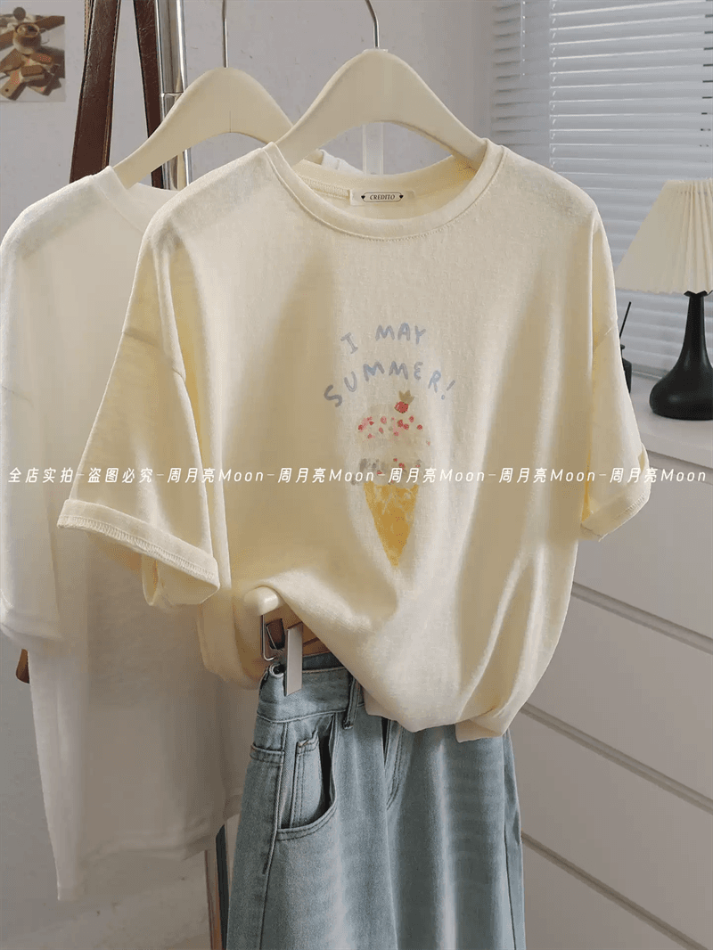 경관 그림 21 순면 210 그램 이후 패키지 칼라 여름 드레스 한 부서 반팔 티셔츠 여성 한국 스타일 루즈핏 빅 사이즈 프린트 이미지 3