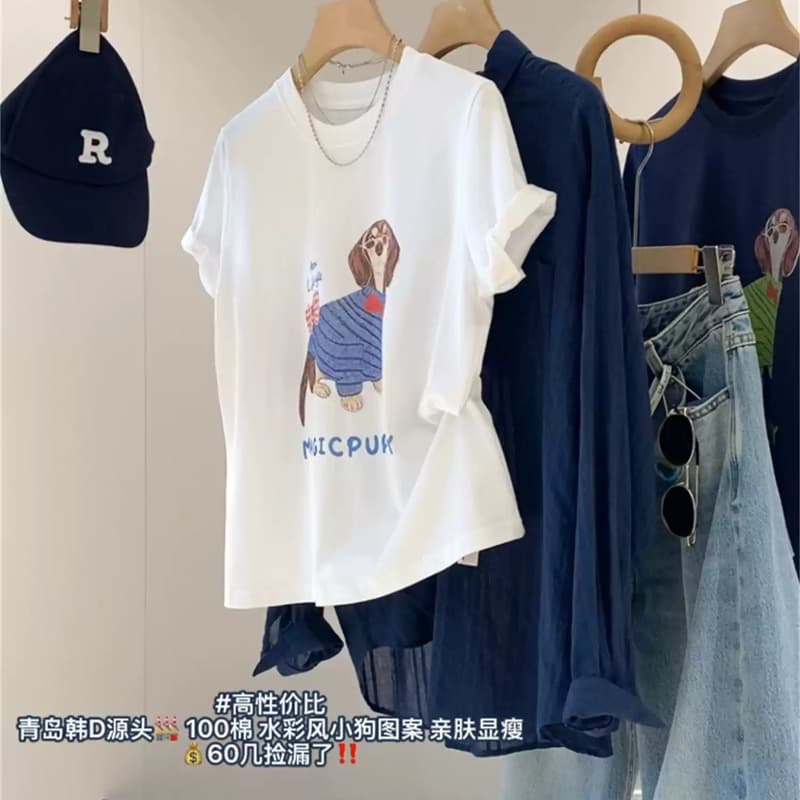 경관 그림 21 순면 210 그램 이후 패키지 칼라 여름 드레스 한 부서 반팔 티셔츠 여성 한국 스타일 루즈핏 빅 사이즈 프린트 이미지 5