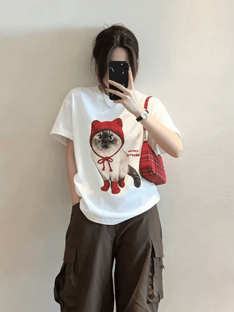 경관 그림 21 순면 210 그램 이후 패키지 칼라 여름 드레스 한 부서 반팔 티셔츠 여성 한국 스타일 루즈핏 빅 사이즈 프린트 이미지 3
