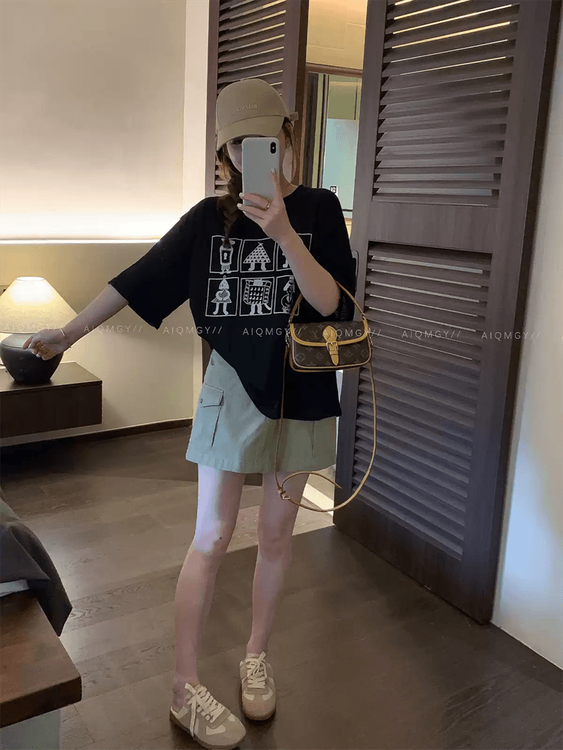 한 부서 순면 기본 셔츠 2026 여름 새로운 느긋한 만화 프린트 라운드 넥 반팔 빅 사이즈 여성 의류 티셔츠 이미지 2