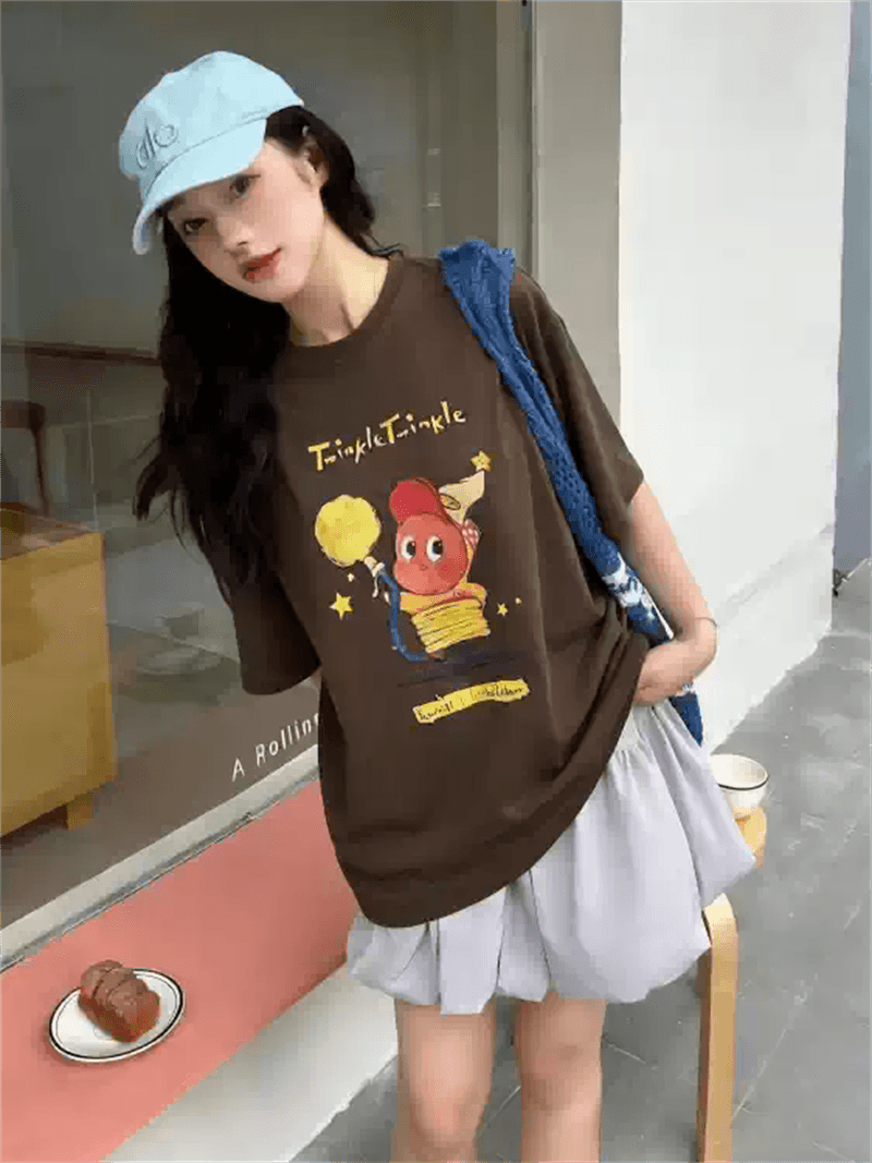 경관 그림 21 순면 210 그램 이후 패키지 칼라 여름 드레스 한 부서 반팔 티셔츠 여성 한국 스타일 루즈핏 빅 사이즈 프린트 상세 이미지 5