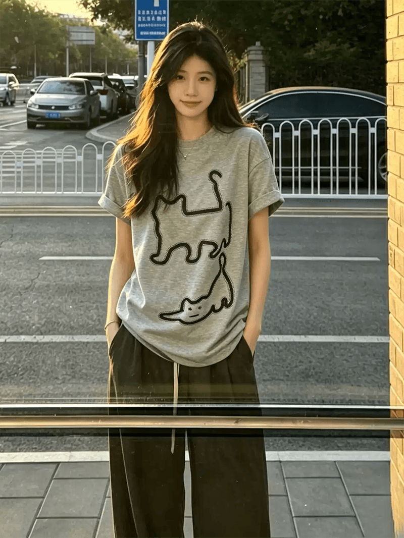 경관 그림 21 순면 210 그램 이후 패키지 칼라 여름 드레스 한 부서 반팔 티셔츠 여성 한국 스타일 루즈핏 빅 사이즈 프린트 이미지 4