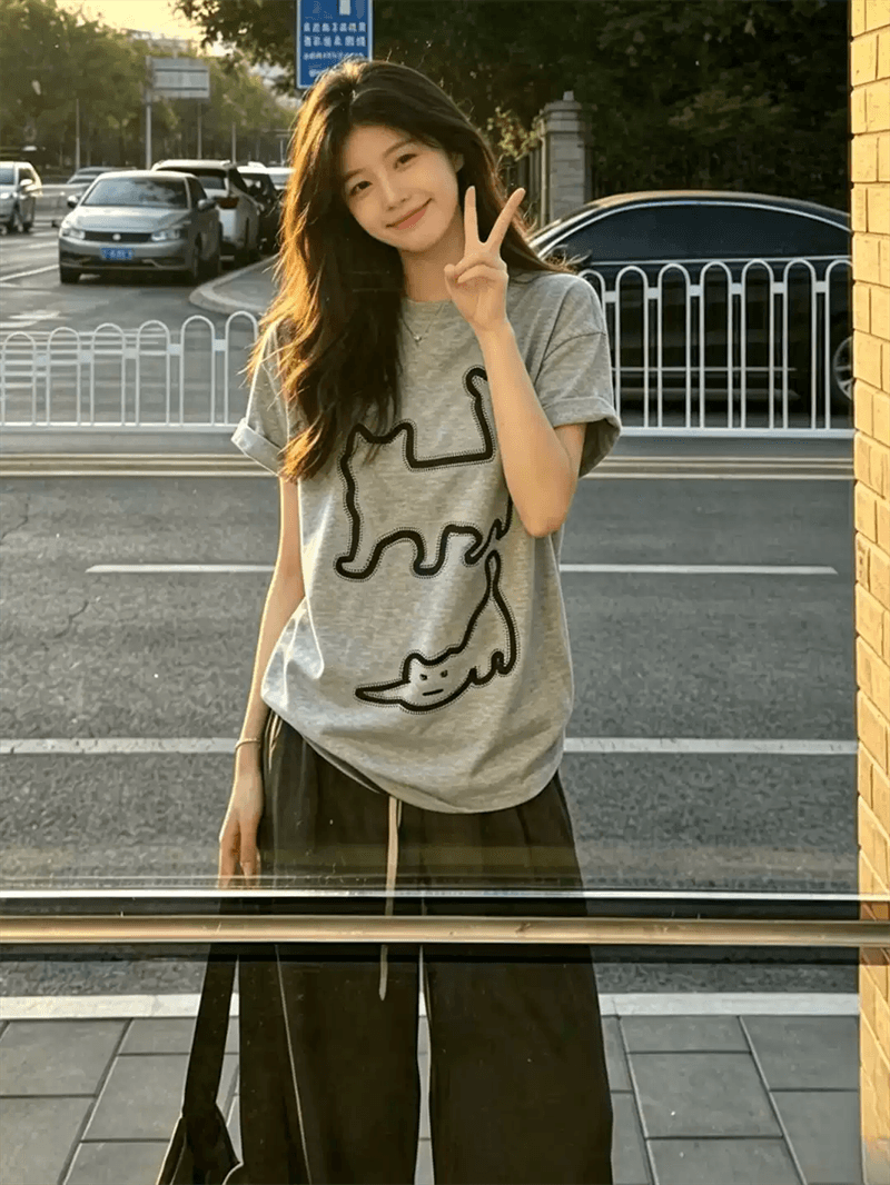경관 그림 21 순면 210 그램 이후 패키지 칼라 여름 드레스 한 부서 반팔 티셔츠 여성 한국 스타일 루즈핏 빅 사이즈 프린트 이미지 2