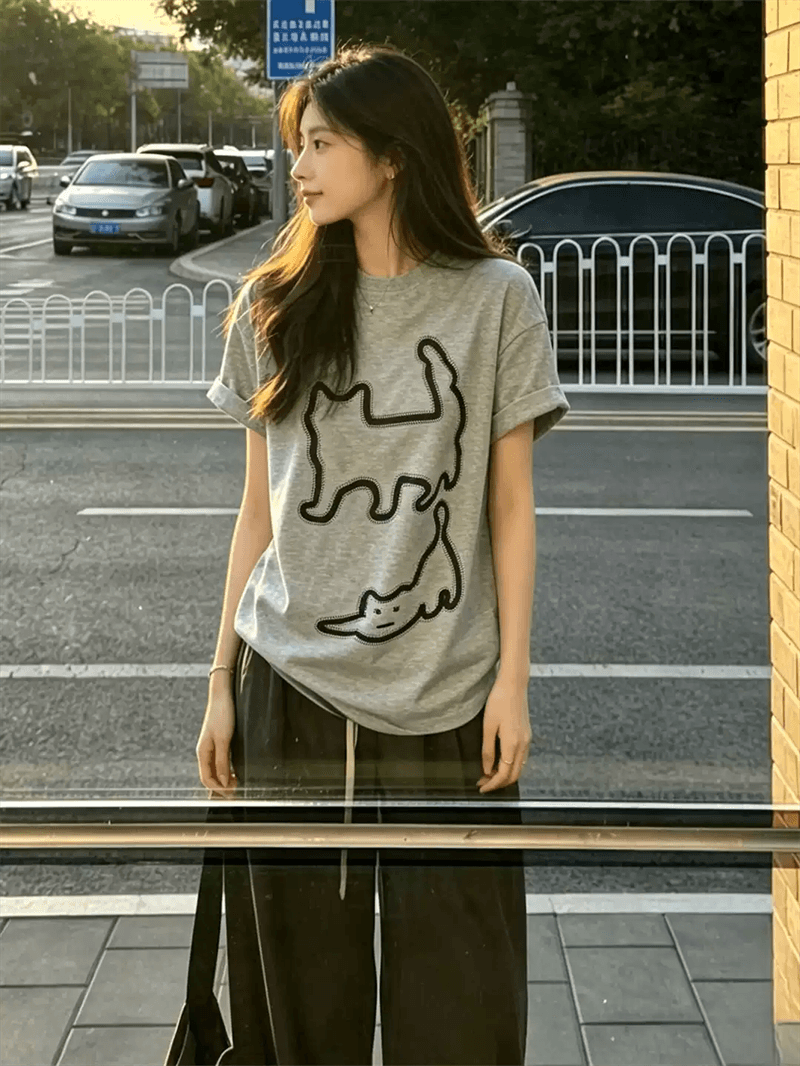 경관 그림 21 순면 210 그램 이후 패키지 칼라 여름 드레스 한 부서 반팔 티셔츠 여성 한국 스타일 루즈핏 빅 사이즈 프린트 이미지 3