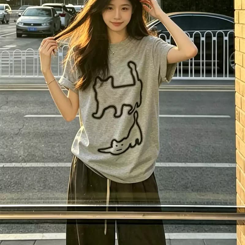 경관 그림 21 순면 210 그램 이후 패키지 칼라 여름 드레스 한 부서 반팔 티셔츠 여성 한국 스타일 루즈핏 빅 사이즈 프린트 이미지 5