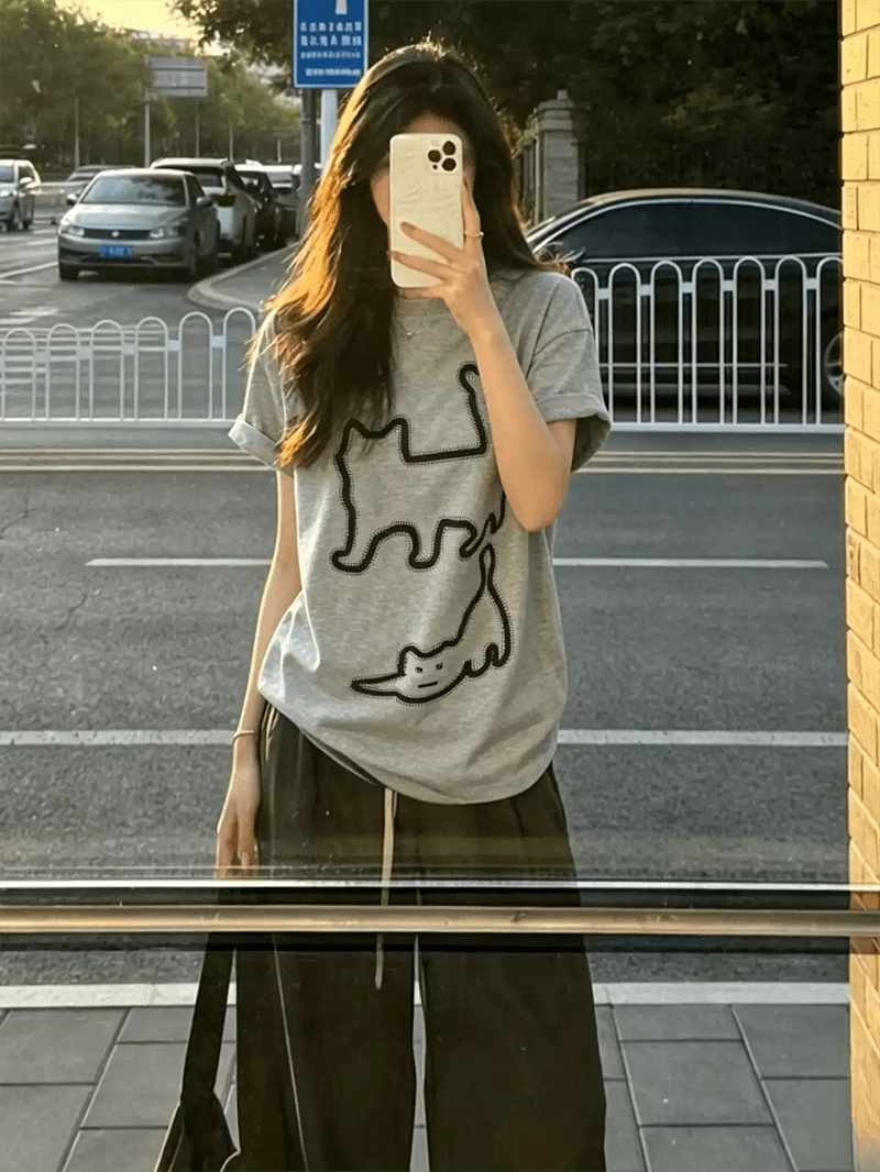 경관 그림 21 순면 210 그램 이후 패키지 칼라 여름 드레스 한 부서 반팔 티셔츠 여성 한국 스타일 루즈핏 빅 사이즈 프린트 상세 이미지 2