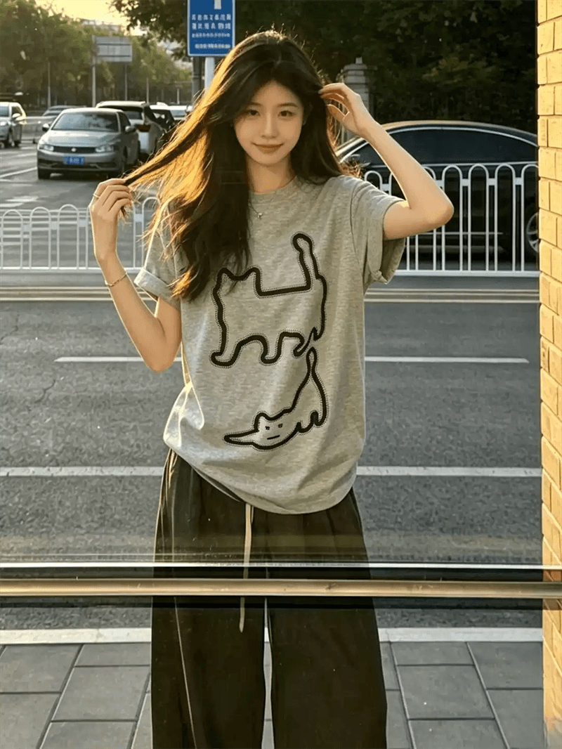 경관 그림 21 순면 210 그램 이후 패키지 칼라 여름 드레스 한 부서 반팔 티셔츠 여성 한국 스타일 루즈핏 빅 사이즈 프린트 상세 이미지 4