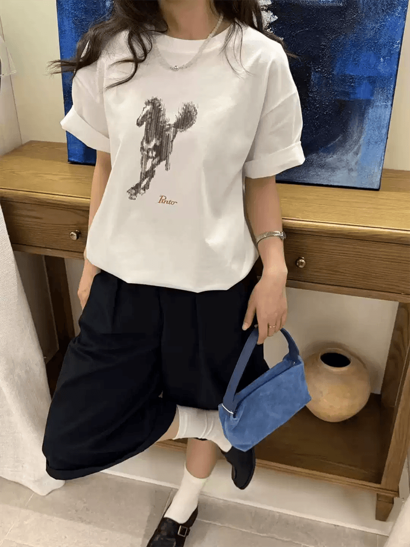 경관 그림 21 순면 210 그램 이후 패키지 칼라 여름 드레스 한 부서 반팔 티셔츠 여성 한국 스타일 루즈핏 빅 사이즈 프린트