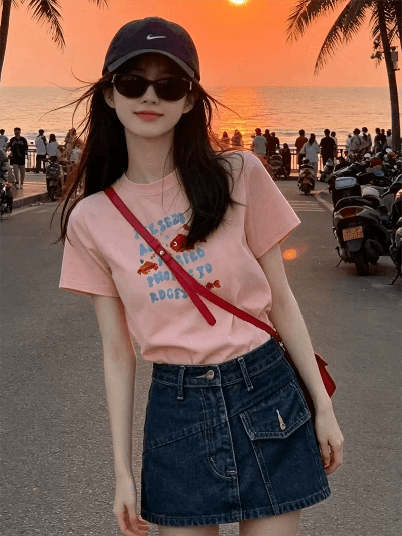 여름 드레스 한 부서 반팔 티셔츠 여성 한국 스타일 루즈핏 빅 사이즈 프린트 상세 이미지 4