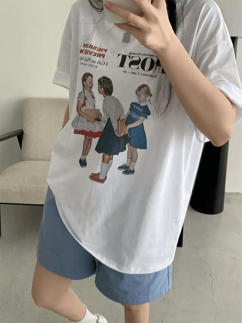경관 그림 21 순면 210 그램 이후 패키지 칼라 여름 드레스 한 부서 반팔 티셔츠 여성 한국 스타일 루즈핏 빅 사이즈 프린트 상세 이미지 6