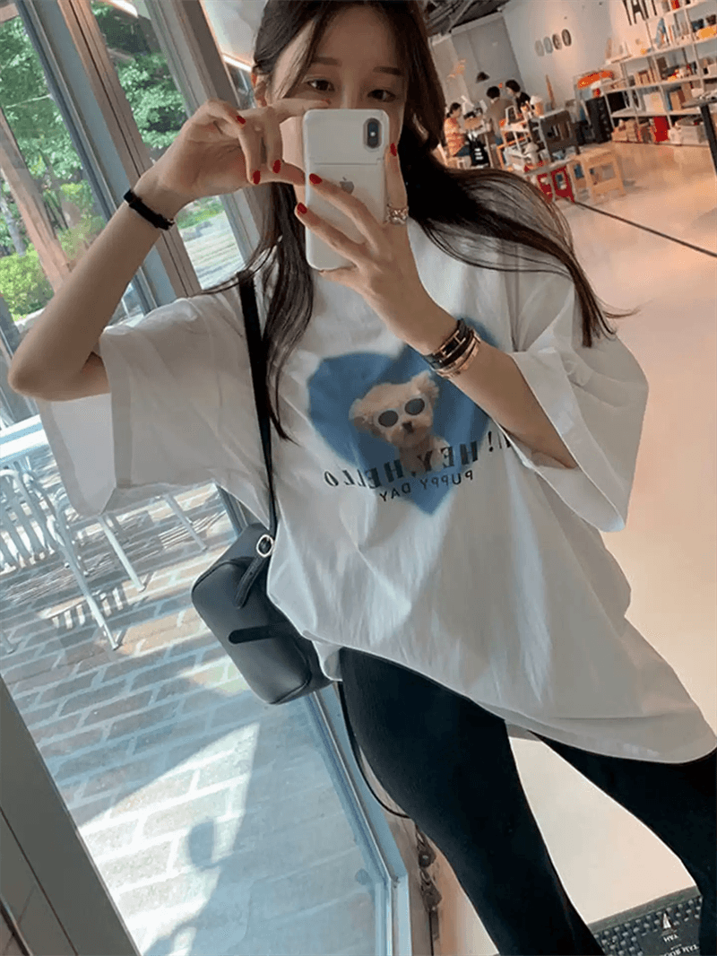 한 부서 순면 기본 셔츠 여름 새로운 느긋한 루즈핏 알파벳 프린트 라운드 넥 반팔 빅 사이즈 여성 의류 티셔츠 이미지 3