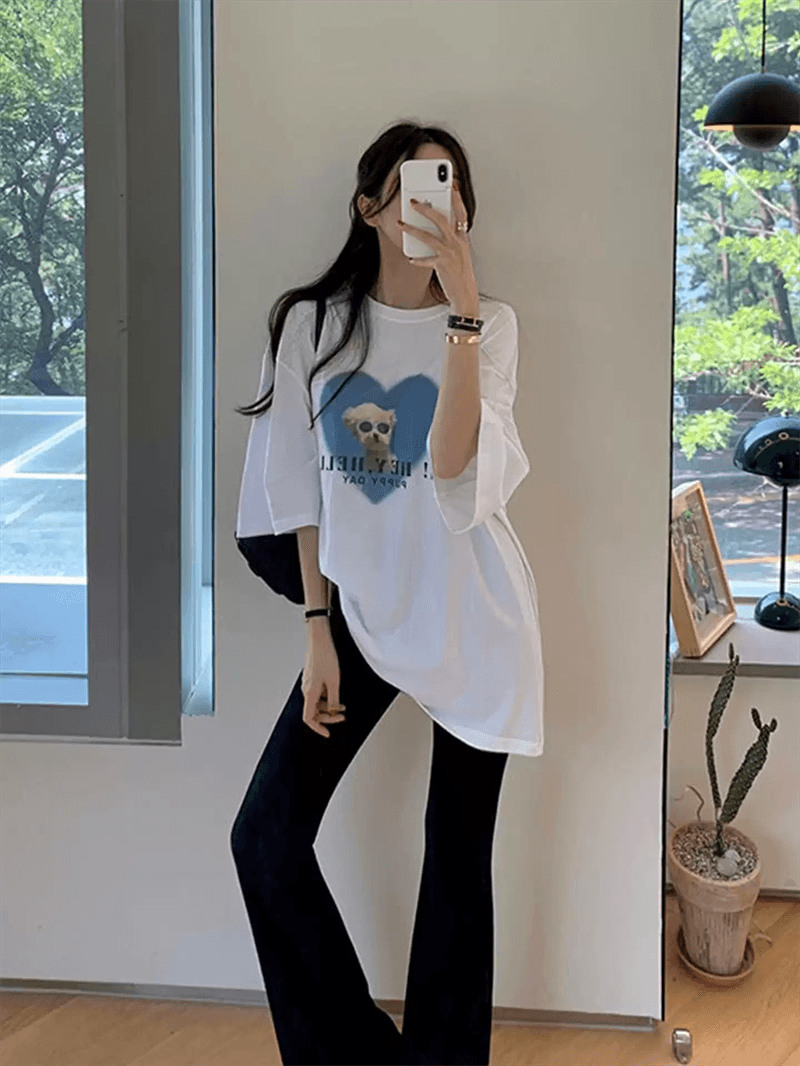 한 부서 순면 기본 셔츠 여름 새로운 느긋한 루즈핏 알파벳 프린트 라운드 넥 반팔 빅 사이즈 여성 의류 티셔츠 이미지 2