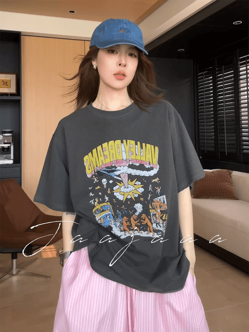 경관 그림 21 순면 210 그램 이후 패키지 칼라 여름 드레스 한 부서 반팔 티셔츠 여성 한국 스타일 루즈핏 빅 사이즈 프린트 상세 이미지 3