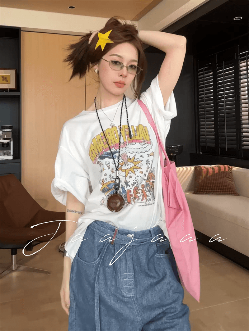 경관 그림 21 순면 210 그램 이후 패키지 칼라 여름 드레스 한 부서 반팔 티셔츠 여성 한국 스타일 루즈핏 빅 사이즈 프린트 상세 이미지 6