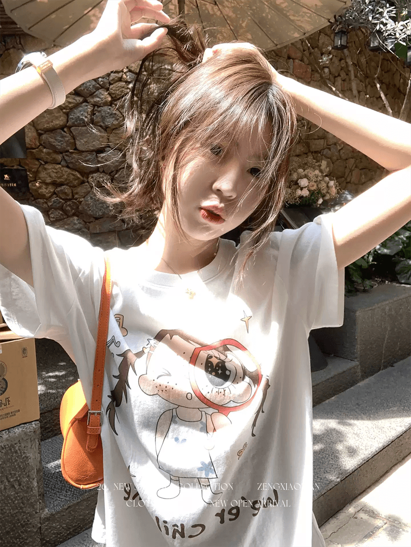 여름 드레스 한 부서 반팔 티셔츠 여성 한국 스타일 루즈핏 빅 사이즈 프린트 상세 이미지 4