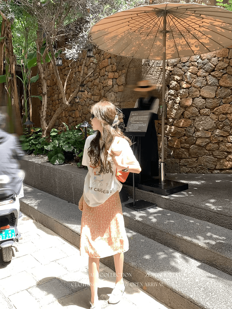 여름 드레스 한 부서 반팔 티셔츠 여성 한국 스타일 루즈핏 빅 사이즈 프린트 상세 이미지 6