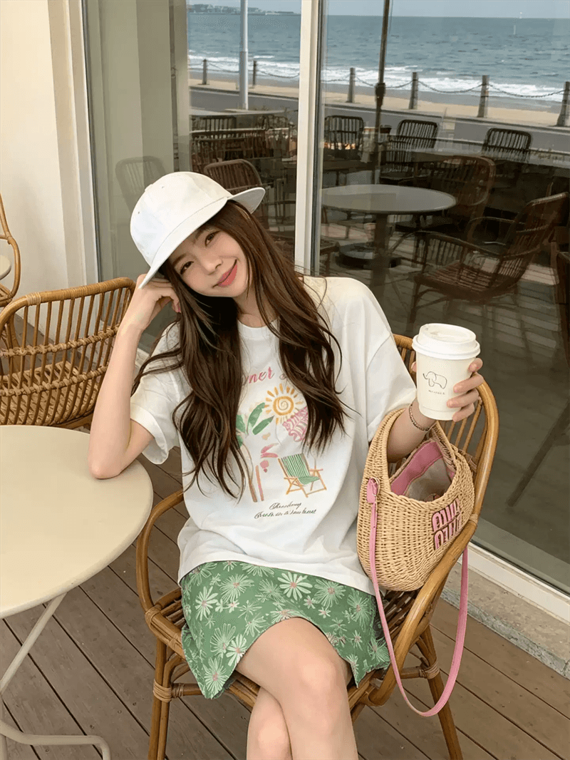 경관 그림 21 순면 210 그램 이후 패키지 칼라 여름 드레스 한 부서 반팔 티셔츠 여성 한국 스타일 루즈핏 빅 사이즈 프린트 상세 이미지 4