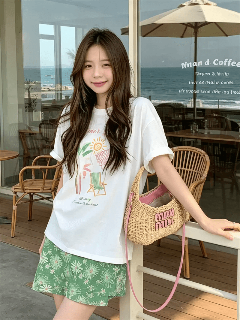 경관 그림 21 순면 210 그램 이후 패키지 칼라 여름 드레스 한 부서 반팔 티셔츠 여성 한국 스타일 루즈핏 빅 사이즈 프린트 상세 이미지 6