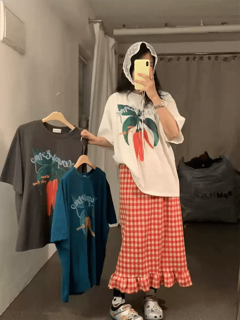 경관 그림 21 순면 210 그램 이후 패키지 칼라 여름 드레스 한 부서 반팔 티셔츠 여성 한국 스타일 루즈핏 빅 사이즈 프린트