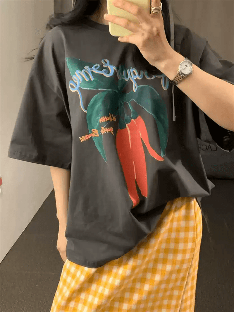 경관 그림 21 순면 210 그램 이후 패키지 칼라 여름 드레스 한 부서 반팔 티셔츠 여성 한국 스타일 루즈핏 빅 사이즈 프린트 상세 이미지 4
