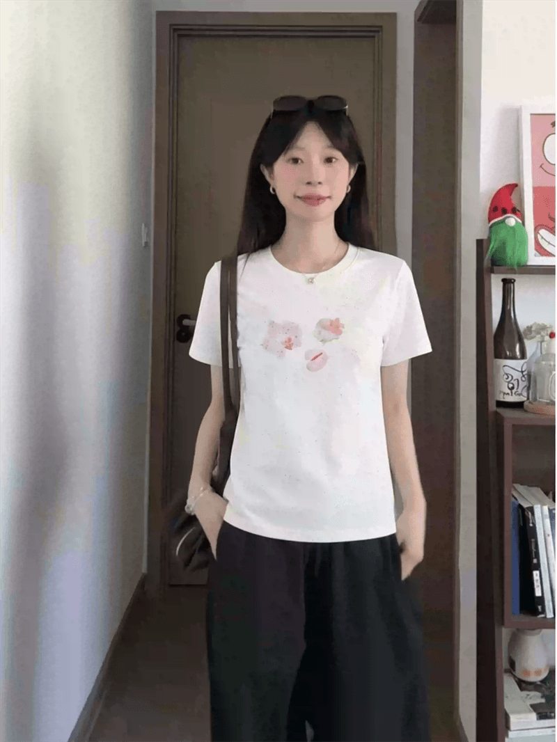 2026 한국 새로운 순면 220 그램 92 면 8 암모니아 Lun 긍정적 인 어깨 반팔 티셔츠 여성 프린트 상세 이미지 5