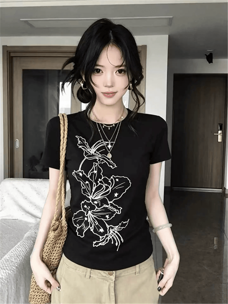 경관 그림 정가 40 순면 220 그램 92 면 8 암모니아 Lun 긍정적 인 어깨 반팔 티셔츠 여성 프린트