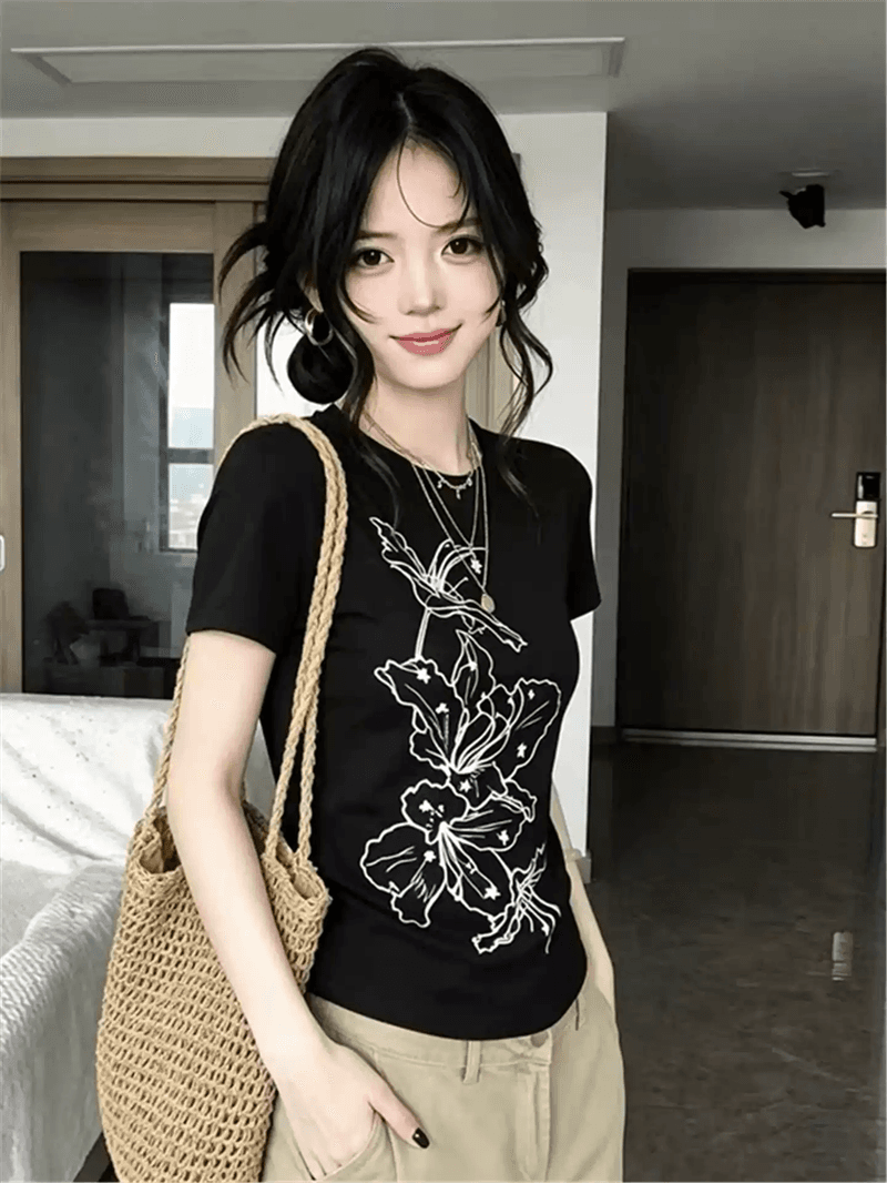 경관 그림 정가 40 순면 220 그램 92 면 8 암모니아 Lun 긍정적 인 어깨 반팔 티셔츠 여성 프린트 상세 이미지 3