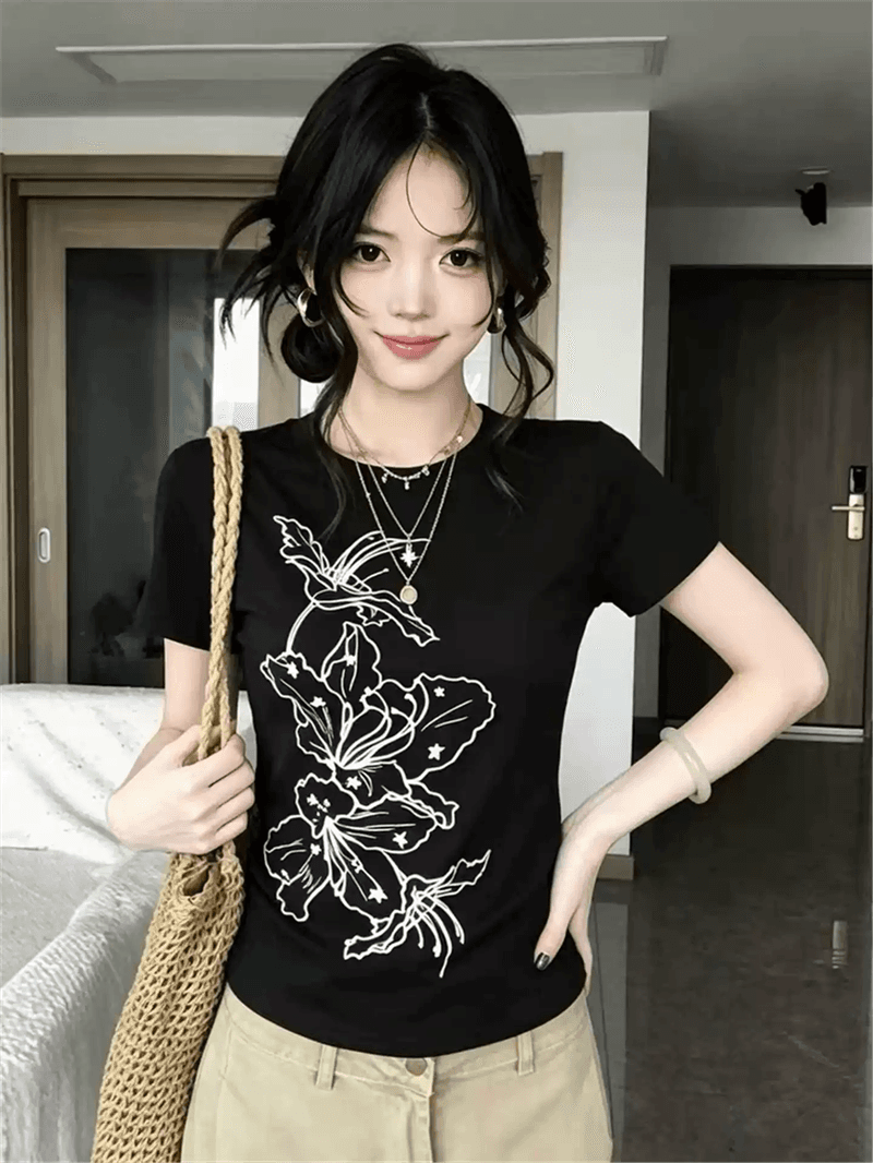 경관 그림 정가 40 순면 220 그램 92 면 8 암모니아 Lun 긍정적 인 어깨 반팔 티셔츠 여성 프린트 상세 이미지 5