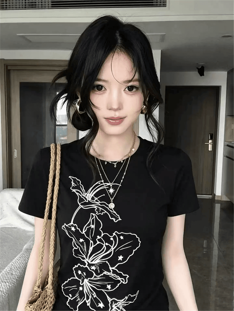 경관 그림 정가 40 순면 220 그램 92 면 8 암모니아 Lun 긍정적 인 어깨 반팔 티셔츠 여성 프린트 상세 이미지 6