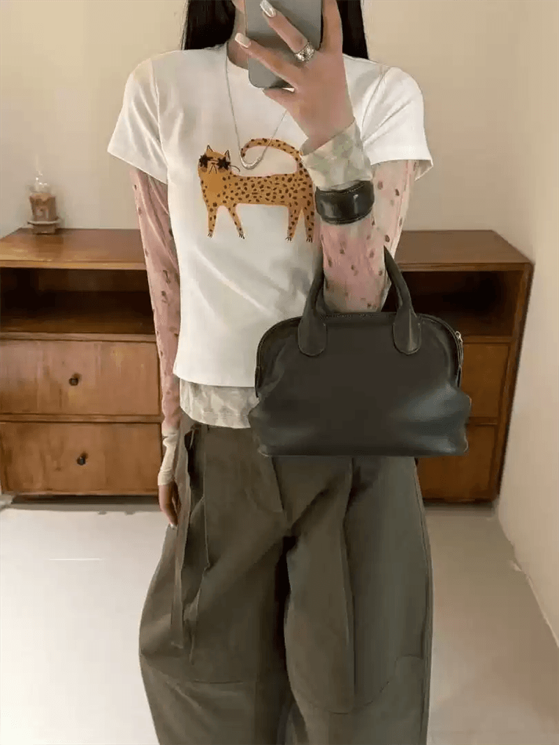 2026 한국 새로운 순면 220 그램 92 면 8 암모니아 Lun 긍정적 인 어깨 반팔 티셔츠 여성 프린트 상세 이미지 2