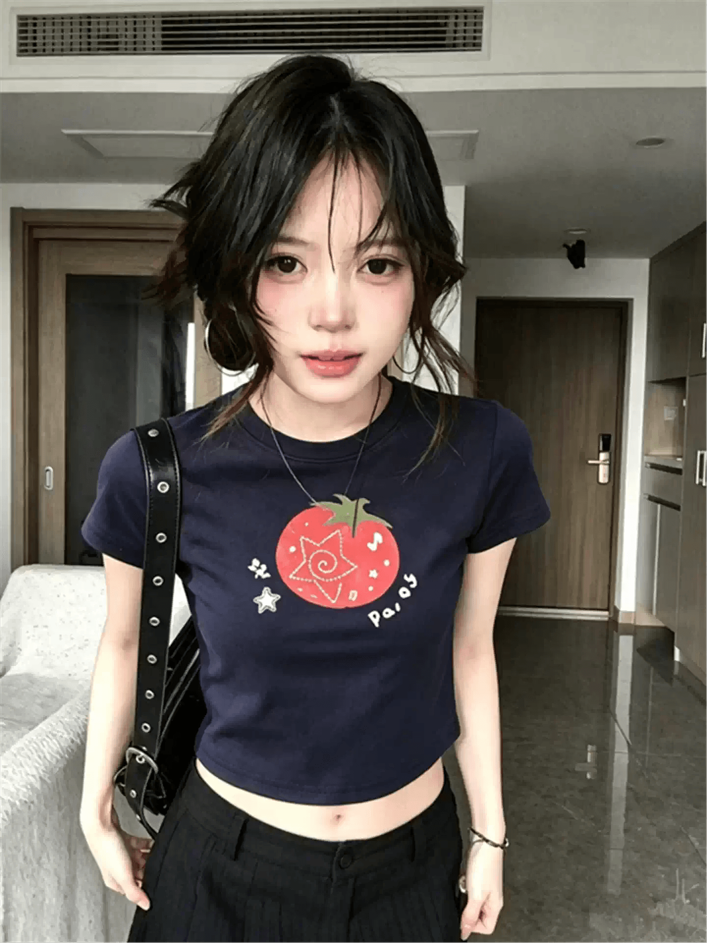 2026 한국 새로운 순면 220 그램 92 면 8 암모니아 Lun 긍정적 인 어깨 반팔 티셔츠 여성 프린트 이미지 3