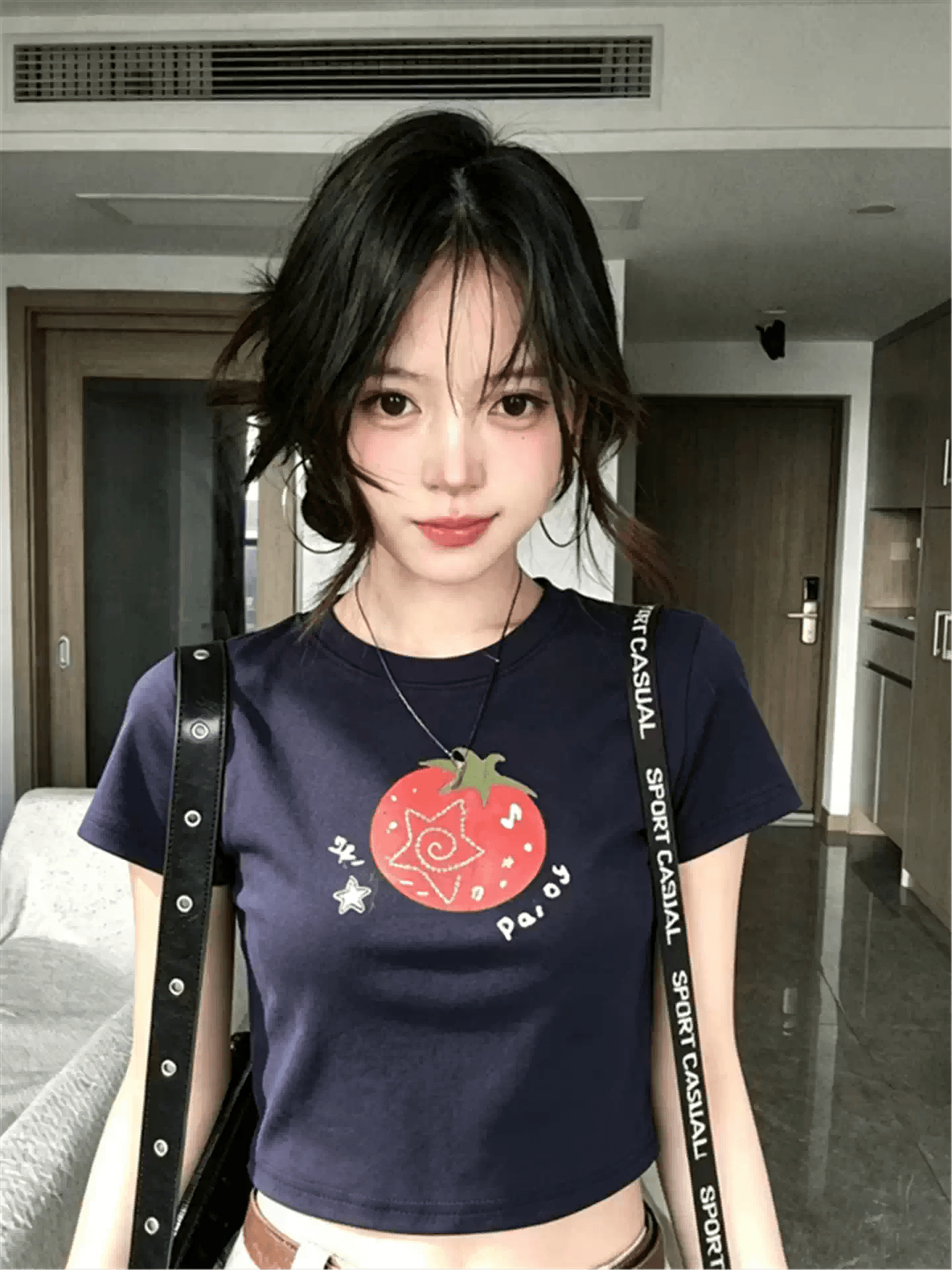 2026 한국 새로운 순면 220 그램 92 면 8 암모니아 Lun 긍정적 인 어깨 반팔 티셔츠 여성 프린트 상세 이미지 3