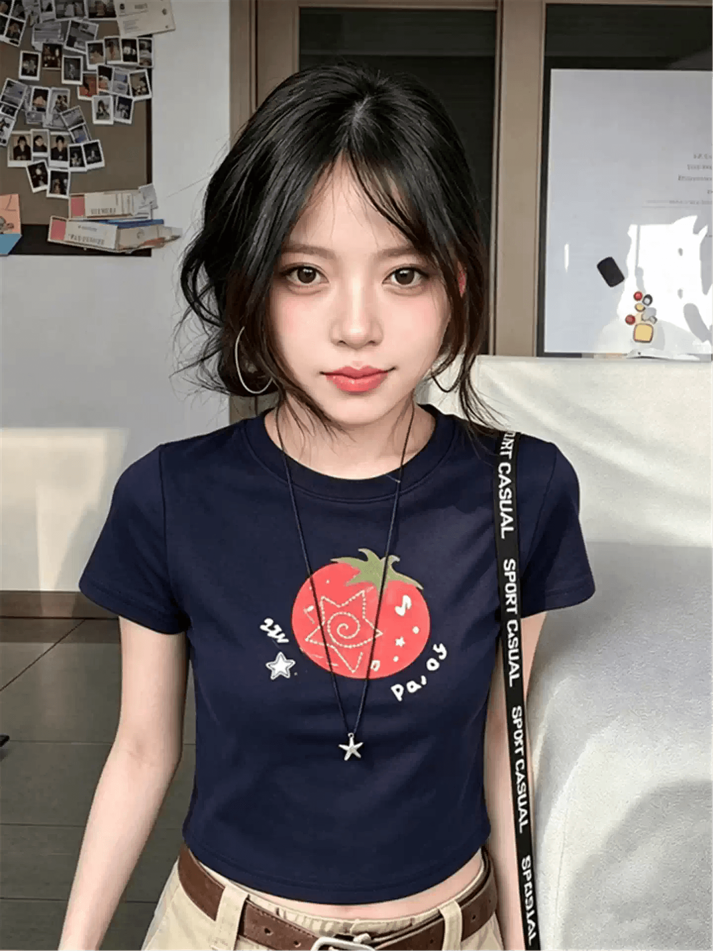 2026 한국 새로운 순면 220 그램 92 면 8 암모니아 Lun 긍정적 인 어깨 반팔 티셔츠 여성 프린트 상세 이미지 5