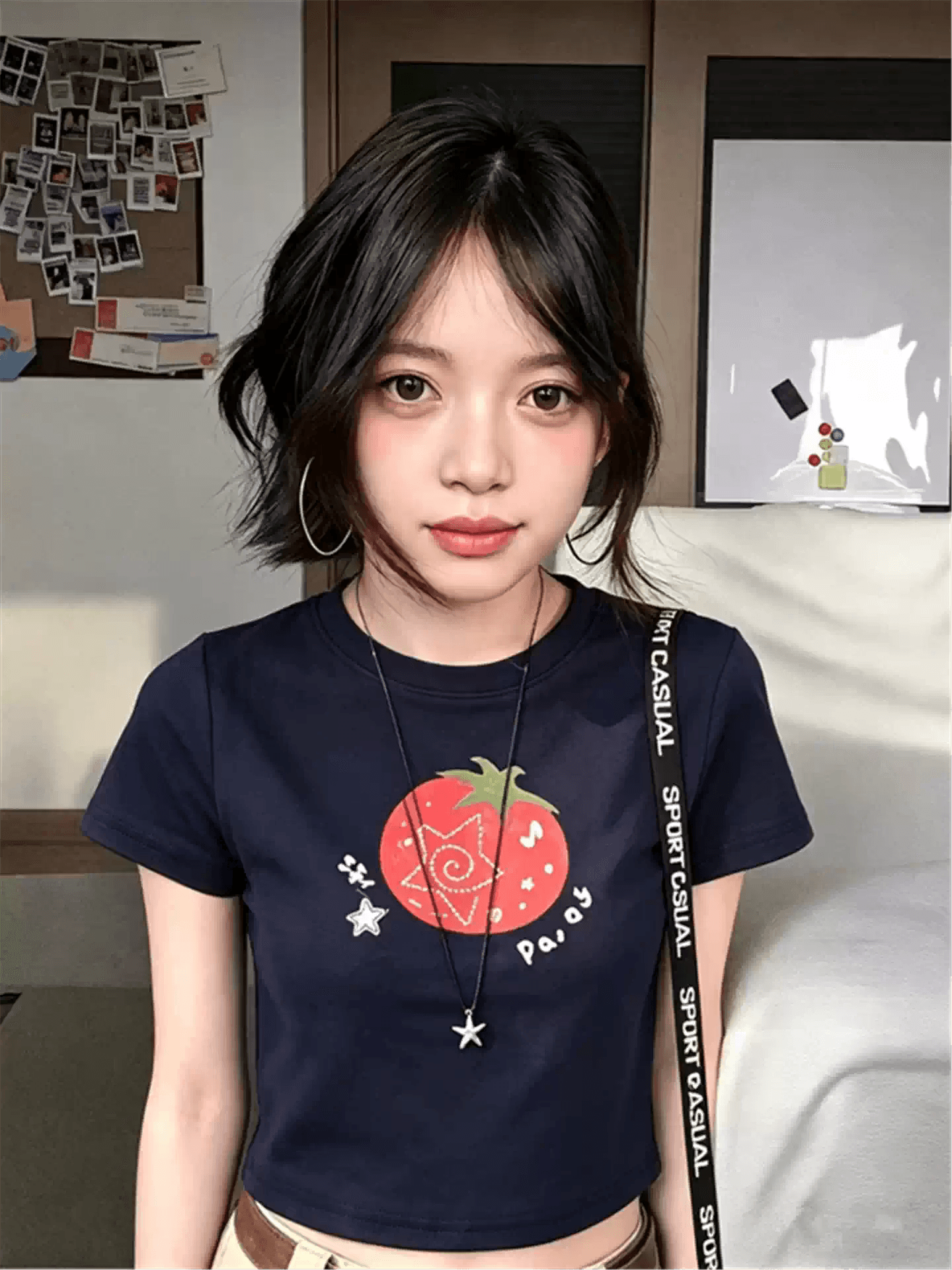 2026 한국 새로운 순면 220 그램 92 면 8 암모니아 Lun 긍정적 인 어깨 반팔 티셔츠 여성 프린트 상세 이미지 6