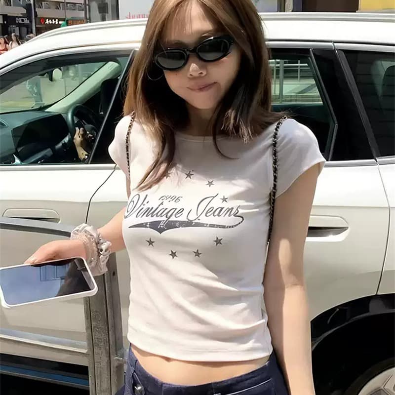 2026 한국 새로운 순면 220 그램 92 면 8 암모니아 Lun 긍정적 인 어깨 반팔 티셔츠 여성 프린트 이미지 5