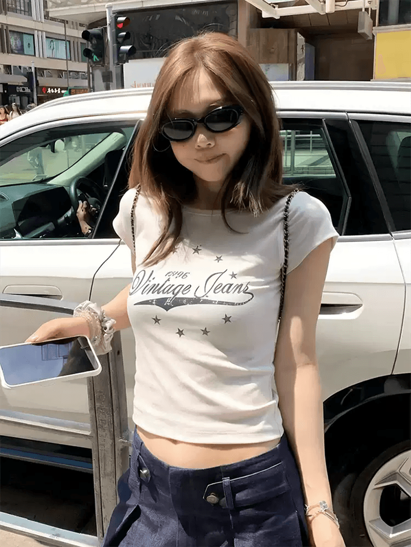 2026 한국 새로운 순면 220 그램 92 면 8 암모니아 Lun 긍정적 인 어깨 반팔 티셔츠 여성 프린트 상세 이미지 6