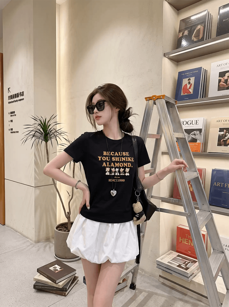경관 그림 40 순면 220 그램 92 면 8 암모니아 Lun 긍정적 인 어깨 반팔 티셔츠 여성 프린트 상세 이미지 3