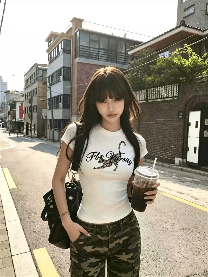 2026 한국 새로운 순면 220 그램 92 면 8 암모니아 Lun 긍정적 인 어깨 반팔 티셔츠 여성 프린트 이미지 2