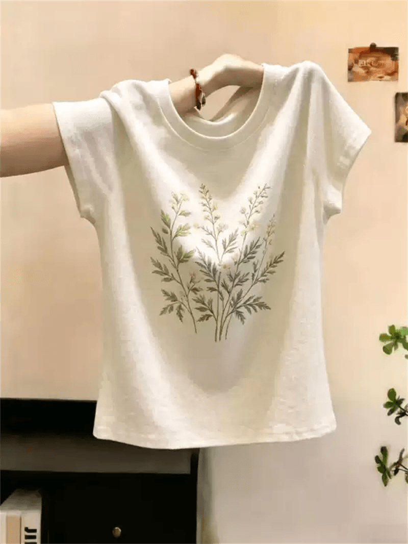 경관 그림 40 순면 220 그램 92 면 8 암모니아 Lun 긍정적 인 어깨 반팔 티셔츠 여성 프린트